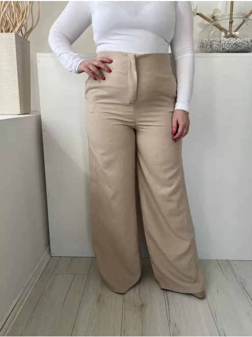 ÚJ Boohoo (L) Homokszínű Elől Cipzáros, Zsebes Magasított Derekú, Bőszárú Nadrág