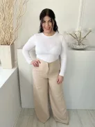 ÚJ Boohoo (L) Homokszínű Elől Cipzáros, Zsebes Magasított Derekú, Bőszárú Nadrág