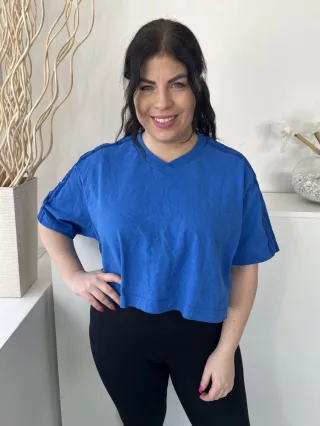   Adidas (L) Királykék Ujján Díszcsíkos, Kerek Nyakú Rövid Fazonú Felső