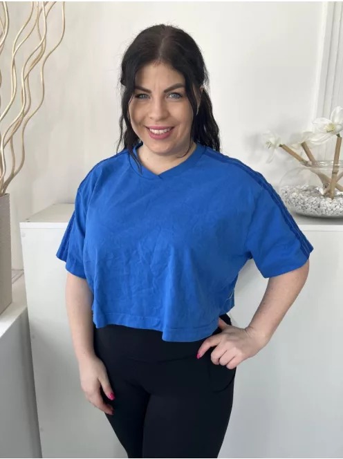 Adidas (L) Királykék Ujján Díszcsíkos, Kerek Nyakú Rövid Fazonú Felső