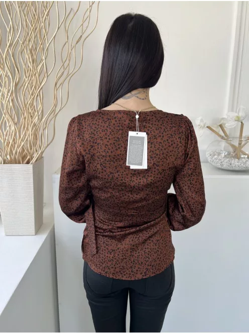 ÚJ Vila (S) Bronz Fekete Foltmintás, Átlapolt Oldalt Megkötős, Derékban Szabott Felső