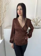 ÚJ Vila (S) Bronz Fekete Foltmintás, Átlapolt Oldalt Megkötős, Derékban Szabott Felső