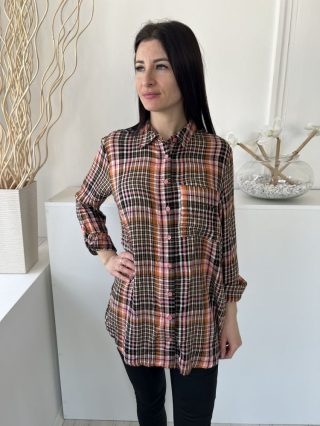   George (M) Barna-Mályva Fekete-Fehér Kockás, Elől Végig Gombos Mellnél Zsebes, Felgombolható Ujjvégű Felső