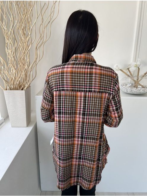 George (M) Barna-Mályva Fekete-Fehér Kockás, Elől Végig Gombos Mellnél Zsebes, Felgombolható Ujjvégű Felső