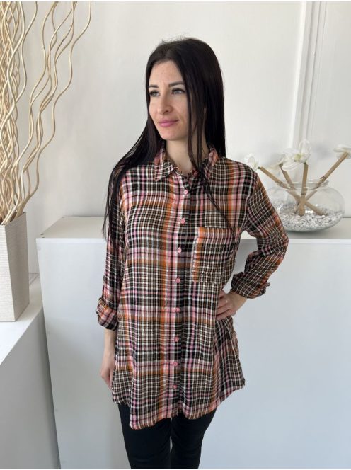 George (M) Barna-Mályva Fekete-Fehér Kockás, Elől Végig Gombos Mellnél Zsebes, Felgombolható Ujjvégű Felső