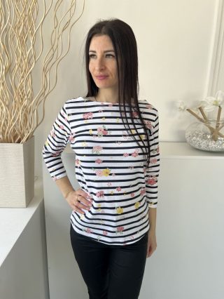   ÚJ  (M) Fehér Fekete Csíkos, Színes Virágos Csónak Nyakú, 95% Pamut Alapanyagú Felső