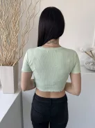 Pull&Bear (S) Almazöld Anyagában Bordázott, Kerek Nyakú Fodros Szegélyű, Rövid Derekú Felső