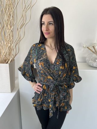   AX (M) Sötétzöld Színes Mintás, Derékban Megkötős Gumisderekú, Fodros Szegélyű Felső