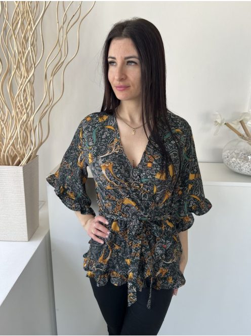 AX (M) Sötétzöld Színes Mintás, Derékban Megkötős Gumisderekú, Fodros Szegélyű Felső