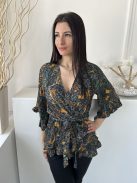 AX (M) Sötétzöld Színes Mintás, Derékban Megkötős Gumisderekú, Fodros Szegélyű Felső