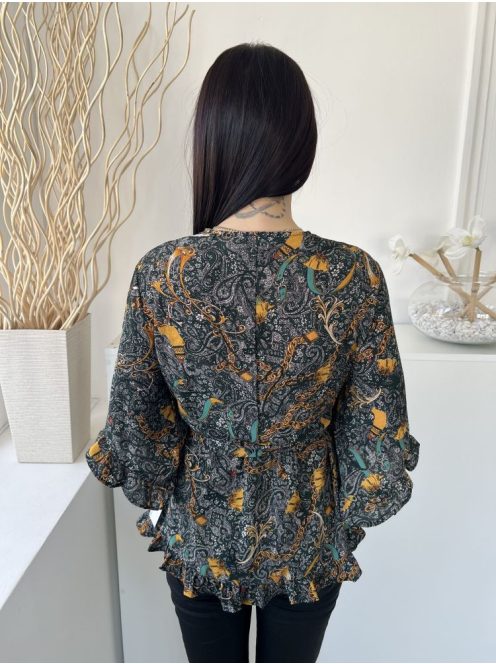 AX (M) Sötétzöld Színes Mintás, Derékban Megkötős Gumisderekú, Fodros Szegélyű Felső