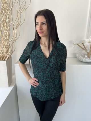   Sosandar (M) Zöld Fekete Foltmintás, Átlapolt Oldalt Megkötős, Derékban Szabott Felső