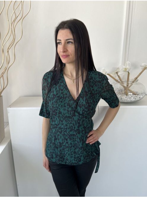 Sosandar (M) Zöld Fekete Foltmintás, Átlapolt Oldalt Megkötős, Derékban Szabott Felső