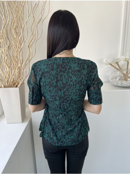Sosandar (M) Zöld Fekete Foltmintás, Átlapolt Oldalt Megkötős, Derékban Szabott Felső