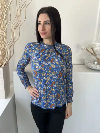   Superdry (XS) Kék Színes Virágos, Hátul Nyakban Gombos Elől Ráncolt, Darázsolt Ujjvégű Felső