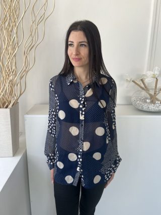   Next (M) Sötétkék Drapp Pöttyös, Elől Végig Gombos Áttetsző, Galléros Felső