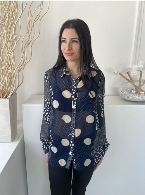 Next (M) Sötétkék Drapp Pöttyös, Elől Végig Gombos Áttetsző, Galléros Felső
