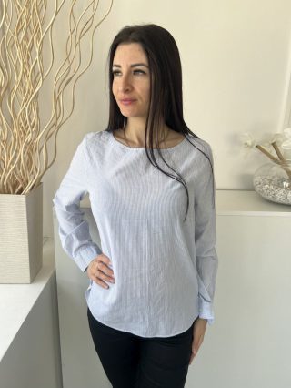   H&M (M) Világoskék Fehér Mikrocsíkos, 100% Pamut Ujjvégén Gombos Felső