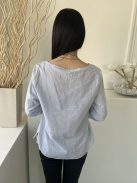 H&M (M) Világoskék Fehér Mikrocsíkos, 100% Pamut Ujjvégén Gombos Felső