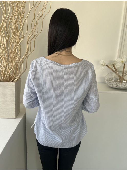 H&M (M) Világoskék Fehér Mikrocsíkos, 100% Pamut Ujjvégén Gombos Felső