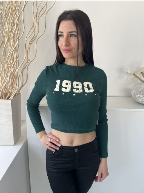 Primark (M) Fenyőzöld Elől Feliratos, 90% Pamut Alapanyagú Rövid Derekú Felső