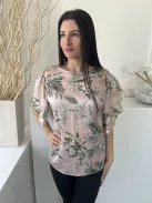 AX (S) Pasztell Rózsaszín Színes Virágos, Fodros Ujjú Enyhén Fényes Anyagú Felső