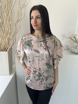   AX (S) Pasztell Rózsaszín Színes Virágos, Fodros Ujjú Enyhén Fényes Anyagú Felső