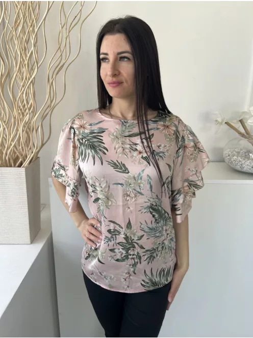 AX (S) Pasztell Rózsaszín Színes Virágos, Fodros Ujjú Enyhén Fényes Anyagú Felső