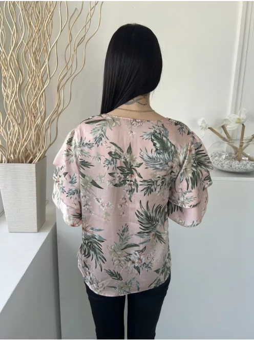 AX (S) Pasztell Rózsaszín Színes Virágos, Fodros Ujjú Enyhén Fényes Anyagú Felső