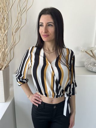   Select (M) Fehér-Sárga-Fekete Mellnél Díszlapolású, Oldalt Megkötős Gumisderekú, Gumis Ujjvégű Felső