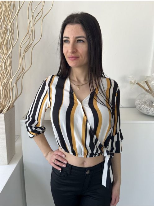 Select (M) Fehér-Sárga-Fekete Mellnél Díszlapolású, Oldalt Megkötős Gumisderekú, Gumis Ujjvégű Felső