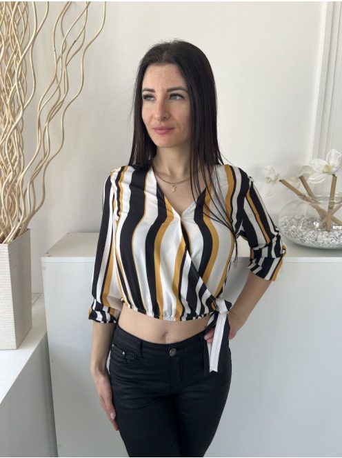 Select (M) Fehér-Sárga-Fekete Mellnél Díszlapolású, Oldalt Megkötős Gumisderekú, Gumis Ujjvégű Felső