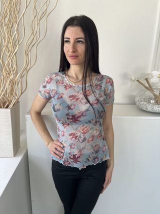   Knickerbox (M) Menta Színes Virágos, Áttetsző Hálós Anyagú, Fodros Aljú Felső