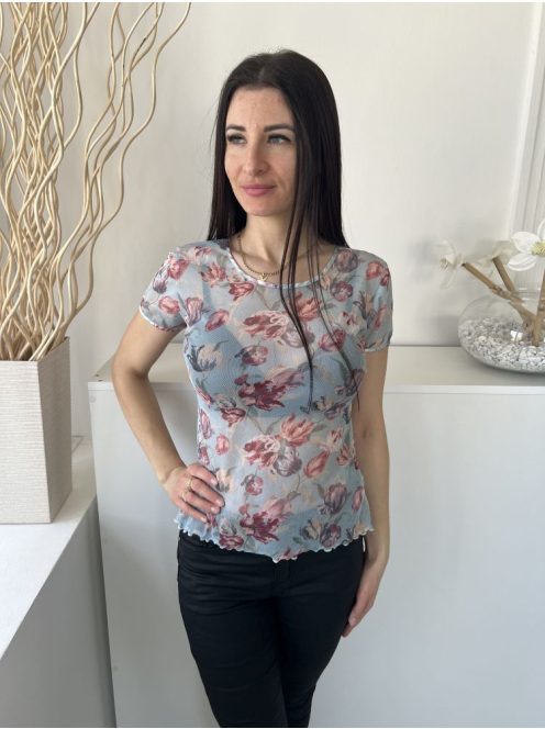 Knickerbox (M) Menta Színes Virágos, Áttetsző Hálós Anyagú, Fodros Aljú Felső