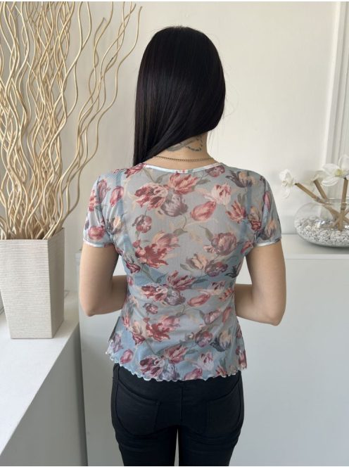 Knickerbox (M) Menta Színes Virágos, Áttetsző Hálós Anyagú, Fodros Aljú Felső