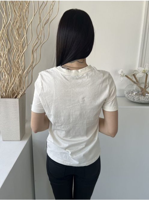 ÚJ Papaya (M) Törtfehér Elől Feliratos, 100% Pamut Fémdísz Pöttyös Felső