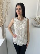 ÚJ F&F (M) Fehér Aranyszálas, Virágmintás Csipkés, Bélelt Felső