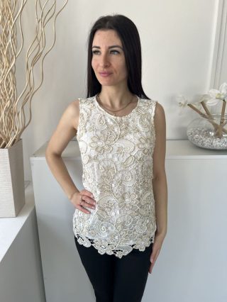   ÚJ F&F (M) Fehér Aranyszálas, Virágmintás Csipkés, Bélelt Felső