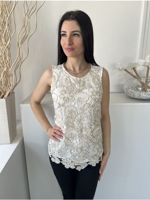 ÚJ F&F (M) Fehér Aranyszálas, Virágmintás Csipkés, Bélelt Felső