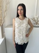 ÚJ F&F (M) Fehér Aranyszálas, Virágmintás Csipkés, Bélelt Felső