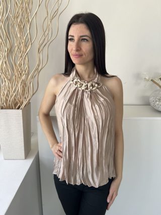   ZARA (M) Cappuccino Hátul Nyakban Gombos, Dísznyakláncos Plisszírozott, Fényes Anyagú Felső