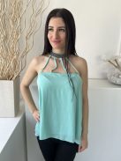 Cameo Rose (M) Menta Hátul Nyakban Gombos, Elől-Hátul Díszpántos Bélelt, Lenge Fazonú Felső