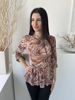   TU (M) Barna-Drapp Márványmintás, Magasított Nyakú Hálós Anyagú, Gumis Ujjvégű Felső