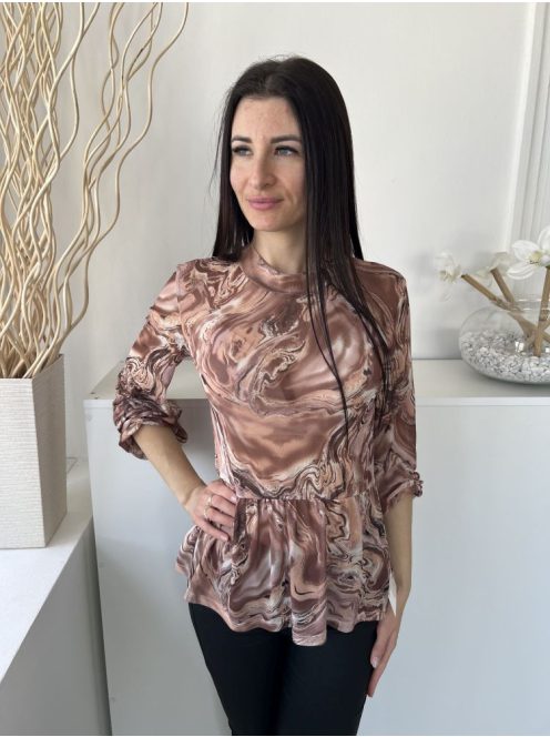 TU (M) Barna-Drapp Márványmintás, Magasított Nyakú Hálós Anyagú, Gumis Ujjvégű Felső