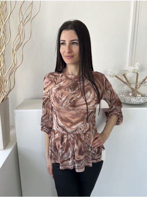 TU (M) Barna-Drapp Márványmintás, Magasított Nyakú Hálós Anyagú, Gumis Ujjvégű Felső