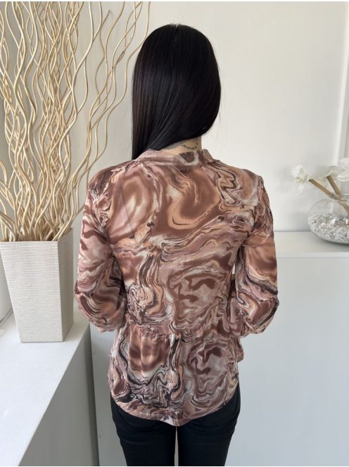 TU (M) Barna-Drapp Márványmintás, Magasított Nyakú Hálós Anyagú, Gumis Ujjvégű Felső