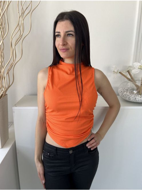 Shein (M) Narancs Anyagában Bordázott, Magasított Nyakú Aszimmetrikus Aljú, Oldalt Húzott Felső