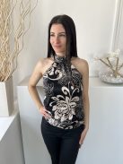 Quiz (M) Fekete Világosbarna Virágos, Hátul Nyakban Megkötős Szatén Anyagú Felső