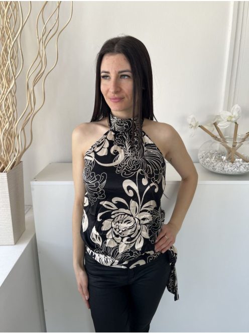 Quiz (M) Fekete Világosbarna Virágos, Hátul Nyakban Megkötős Szatén Anyagú Felső