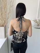 Quiz (M) Fekete Világosbarna Virágos, Hátul Nyakban Megkötős Szatén Anyagú Felső